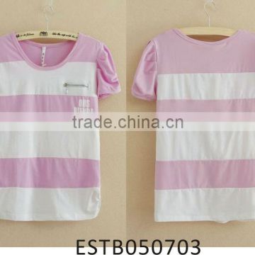 Ladies 100% cotton stripe puff sleeve t-shirt