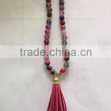 2015 Fall Burgundy Agate Beads Strand Tassel Necklace