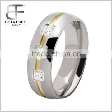 Titanium Stainless Steel Diamond Men's Finger Engagement Groove Domed Ring Gold Plated Smooth Inlay CZ white