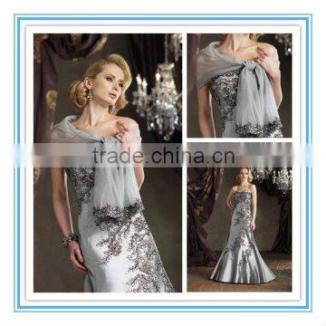 Strapless Satin Hand-Beaded Floral Embroidery Matching Shawl Trimmed Silver Grey Mother of the Bride Dress (MOMO-3011)