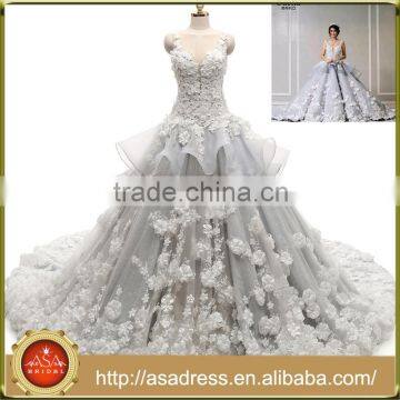 ASAJ-01 Real Photos Luxury Pearls Handmade Flowers Ruffles Long Train Sheer Neck Ball Gown Wedding Dresses 2016                        
                                                Quality Choice
                                                    Most