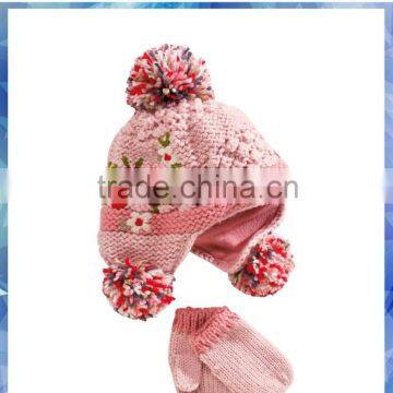 acrylic pink knit tapper hat and mitten with fleece lining