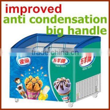 Precoated Steel inner body curved top glass door showcase freezer chest ice cream storage freezer