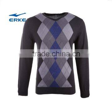 ERKE 2015 men's fashion diamond sweater pullover sweater for man v-neck knitting sweater 100%cotton cheap sweater wholesale/OEM