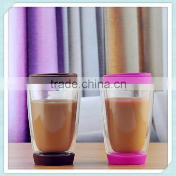 Promotional double wall glass coffee cup with silicone cap