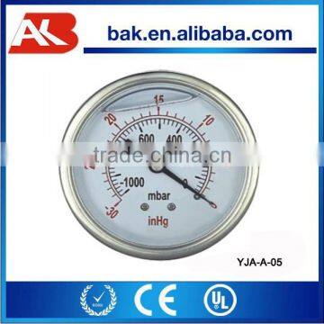 Axial liquid-filled pressure guage meter