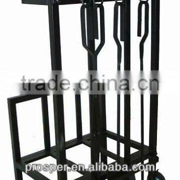 Metal Wheeled Square Frame Fireplace Tool Set With Log Holder