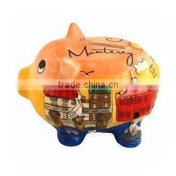 Hand Painted Puff Pink Yellow Piggy Bank photo-2