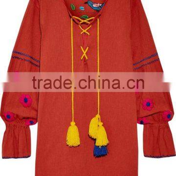 Bohemian Clothing Boho Mexican Peasant Embroidered Crinkled Cotton Mini Dresses With Pompom HSD5939 photo-5
