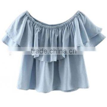 2016 Women Off Shoulder Ruffle Hem Sexy Slash Neck Cute Summer New Fashion Cotton Loose Blouse