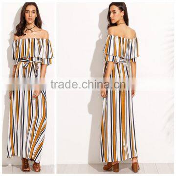 Woman Fashion Striped Off The Shoulder Tie Waist Chiffon Maxi Dress