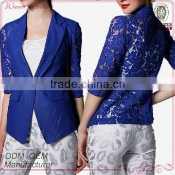 European design trendy half sleeve back lace fabric front button close ladies jacket