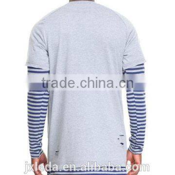 Crew Neck Tees Sleeve Color Block Stripe Layer Men's Longline t Shirt photo-3