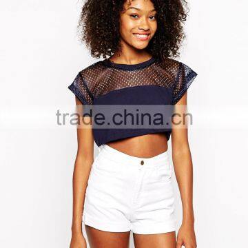 Mesh fabric crop t-shirt for girls wholesale