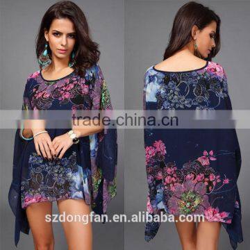 Women Clothing 2016 Fashion Bohemian Flower Print Women Top Batwing Sleeve Chiffon Vintage Style Summer Women Blouse Plus Size photo-3