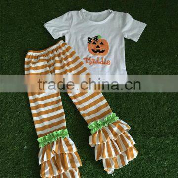 Remake Halloween Cotton Pumpkin Printed Short Sleeve Match Orange Striped Pants Baby Outfit photo-4
