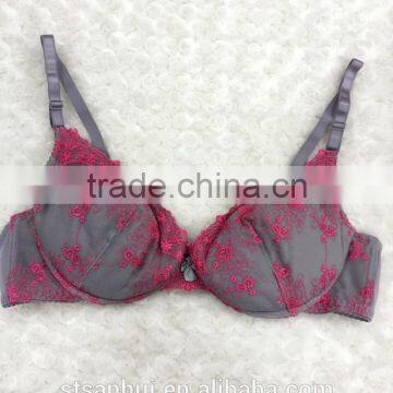 Young Ladies Stylish Soft Cup Lace Gray Sexy Women Bra Panty Sets