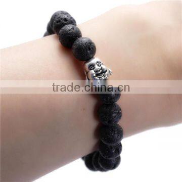 New Fashion Stone Lava Beaded Healing Bracelet Black Antique Silver Buddha Statue Head Elastic photo-3