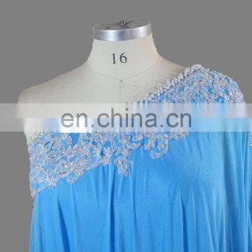 Fashion Blue One Shoulder Lace Hem Pearl Beads 2017 Plus Size Muslim Evening Dress photo-4