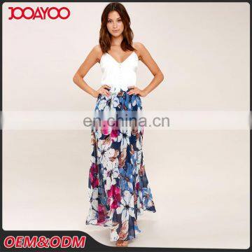 New Print Design Women Elegant Long Chiffon Maxi Skirt Navy Blue Floral Print Maxi Skirt