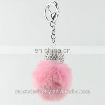 New Design Custom Faux Rabbit Fur Pom Pom Ball Keychain with Crystal Decorated for Girls' Gift Bag accessories Car Pendant