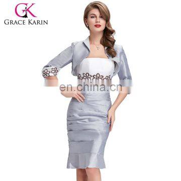 Grace Karin Mature Ladies Two Pieces Grey Long Sleeve Plus Size Evening Dress With Jacket CL6266