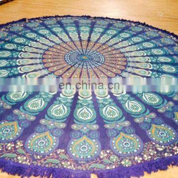 Blue Designer Frnge Round Mandala tapestry Yoga Mat Beach Throw