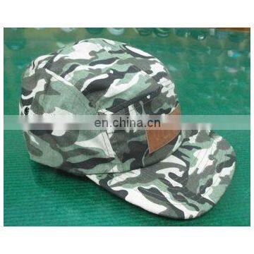 camo 5 panel camp hat with leather patch