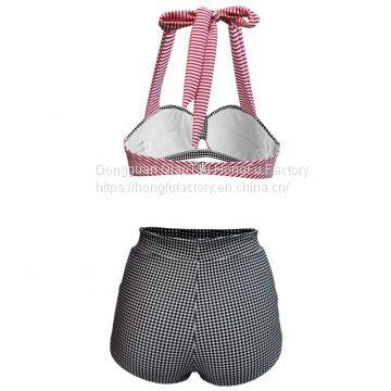 High Waist Plaid Two Piece Swimwear Halter Plus Size Sexy Bikini for Women photo-4