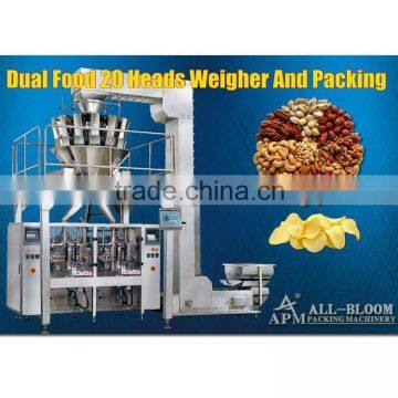 Dual food packaging machine with 20 heads weigher