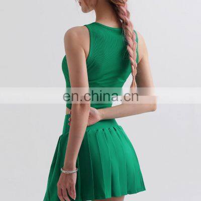 Hot Selling Ribbed Crop Top Match Mini Pleated Skirt Tennis Sports Suit Set Dance Running Tracksuit For Women Gym Fitness Wear photo-3