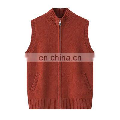 100% Woolen Knitted Cardigan Vest Customized Solid Color Waistcoat Zipper V-Neck Casual Style Button Decoration Back Logo Front