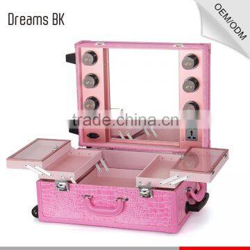 Fashional Design Pink Lighted Mirror Cosmetic Makeup Beauty Trolley Carring Case photo-4