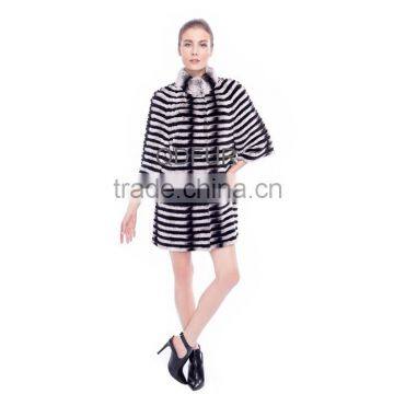 QD80161 Winter Women Long Real Rex Rabbit Fur Coat with Half Sleeves Printed Chinchilla Color
