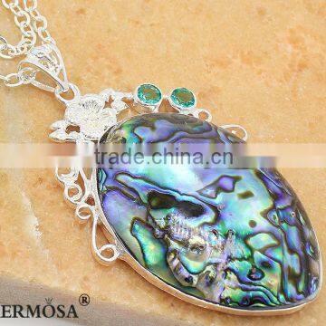 HUGE Natural ABALONE Green Topaz Hermosa 925 Sterling Silver Vintage Necklace 18"