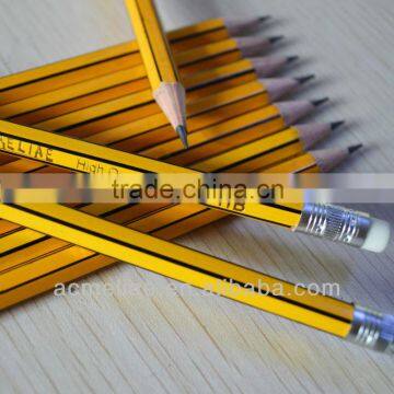 Standard size hexagonal shape black and yellow striped graphite lead pencil sharpened with eraser