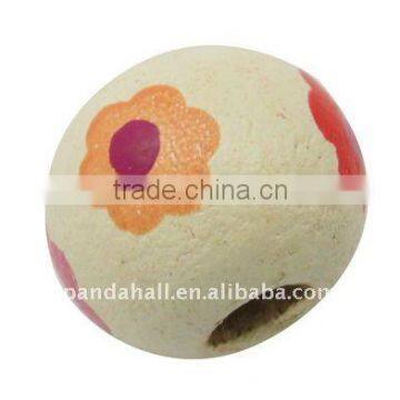 Wood Bead with Flower Pattern Lead Free(WOOD-A004-1)