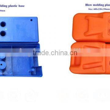 Temporary Fence blue plastic support block molds and prefilled with concrete