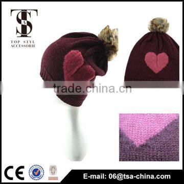 Fur Pom Pom style heart jacquard fashion beanie cap for girl