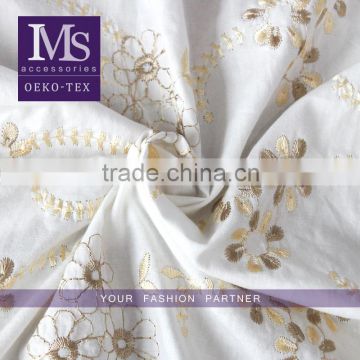 Wholesale embroidery lace fabric with golden flower, raw cloth cotton fabric for garments