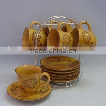 Set of 6 hand printing ceramic tea mug set with rack