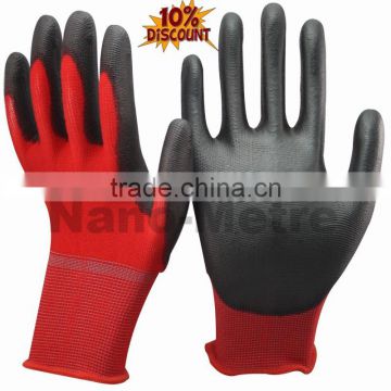 NMSAFETY cheap red nylon coated black PU gloves work