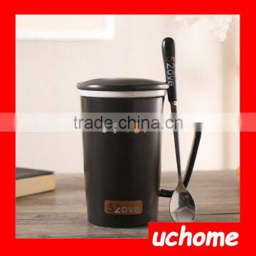 UCHOME Black And White Ceramic Couple Milk Mug Cups With Lid And Spoon photo-5