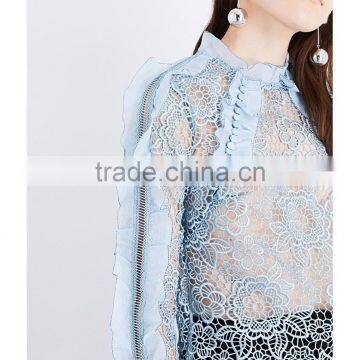 Wholesale High Neck Long Raglan Sleeves Floral Lace Frill-detailed Cutout Lace Top(DQE0188T)