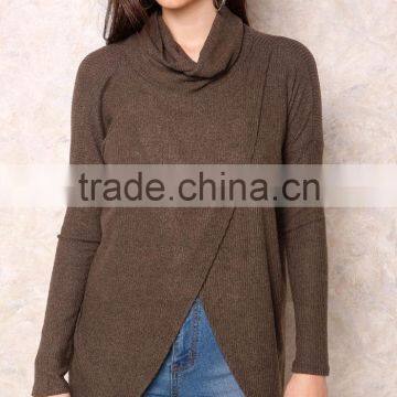 MGOO Handmade Sweaters For Girl Brown Asymmetric High Neck Overlay Tops Long Sleeves Fashion Winter Tops photo-3