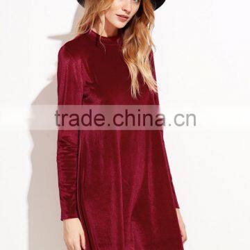 Red Velvet Backless Long Sleeve Shift Dress 100% Cotton Casual Sexy Back Hole Dress photo-4