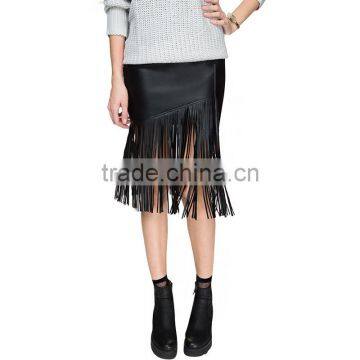 MGOO New Arrival OEM Services Women Black Faux Leather Midi Slinky Skirts With Tassels Bottom 15145A033 photo-2