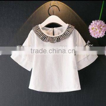 Kids Clothes Speaker Sleeve White Shirt Round Collar Match Gingham Skirt Short Pants Fashion Clothing Set For Children photo-2