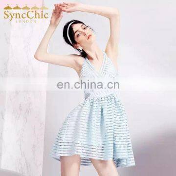 high quality sleeveless light blue hollow beautiful dress for office lady daily dress