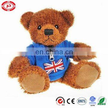 England gentle teddy bear brown color in blue coat with zipper plush fluzzy toy